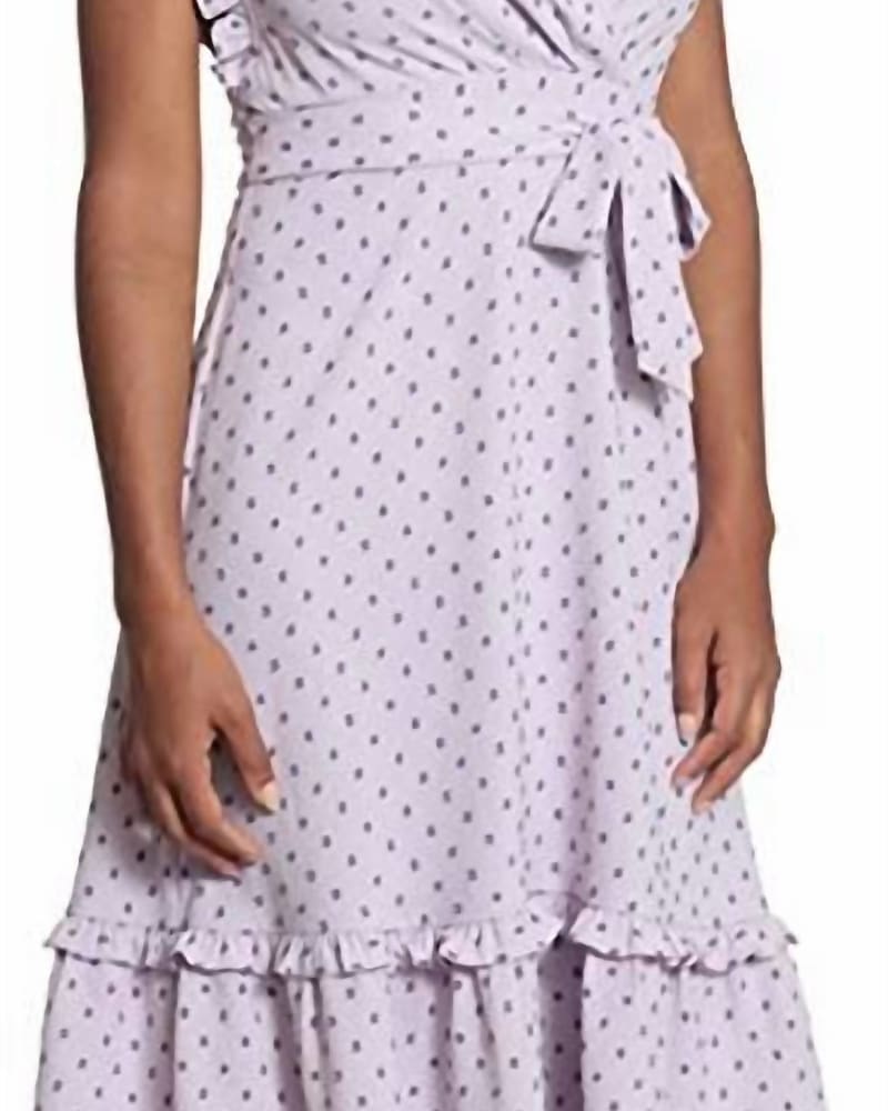 Front of a model wearing a size 10 Ruffled Tiered Midi Dress In Lilac Breeze in Lilac Breeze by London Times. | dia_product_style_image_id:346432